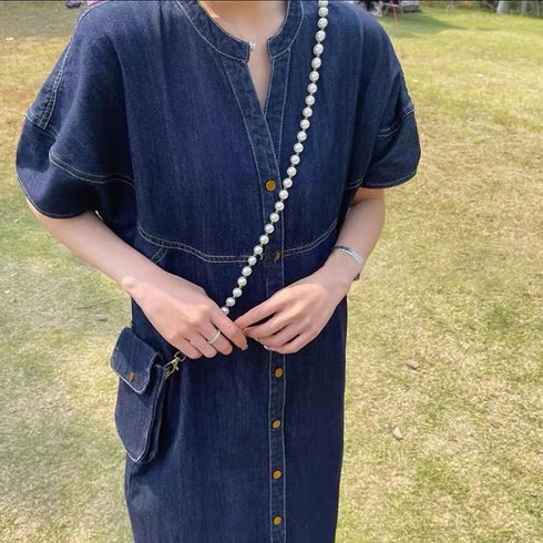 Denim Button Long Maxi Dress With Mini Phone Bags